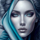 Digital artwork of woman with blue skin, eyes, dark hair, and floral scarf.