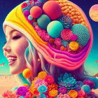 Colorful digital artwork: Smiling woman with whimsical brain objects against surreal sunset sky