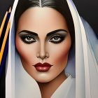 Detailed digital illustration of a woman with striking gaze, makeup, white hood, and pencils.