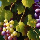 Vibrant grape bunches on vines with green leaves against dark backdrop