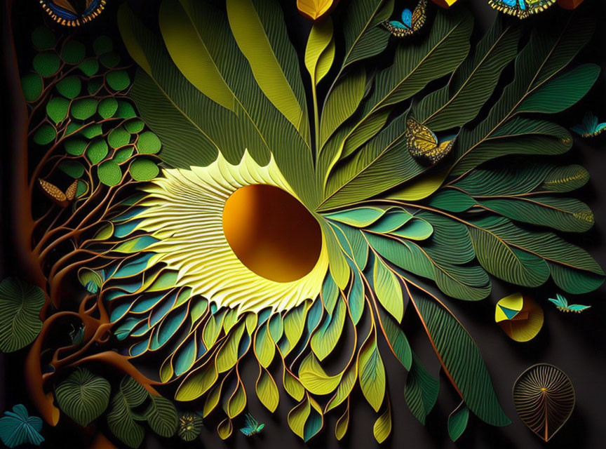 Intricate Green and Yellow Leaf Paper Art on Dark Background