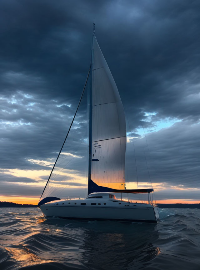 Sailboat gliding on calm waters at dusk under cloudy sky