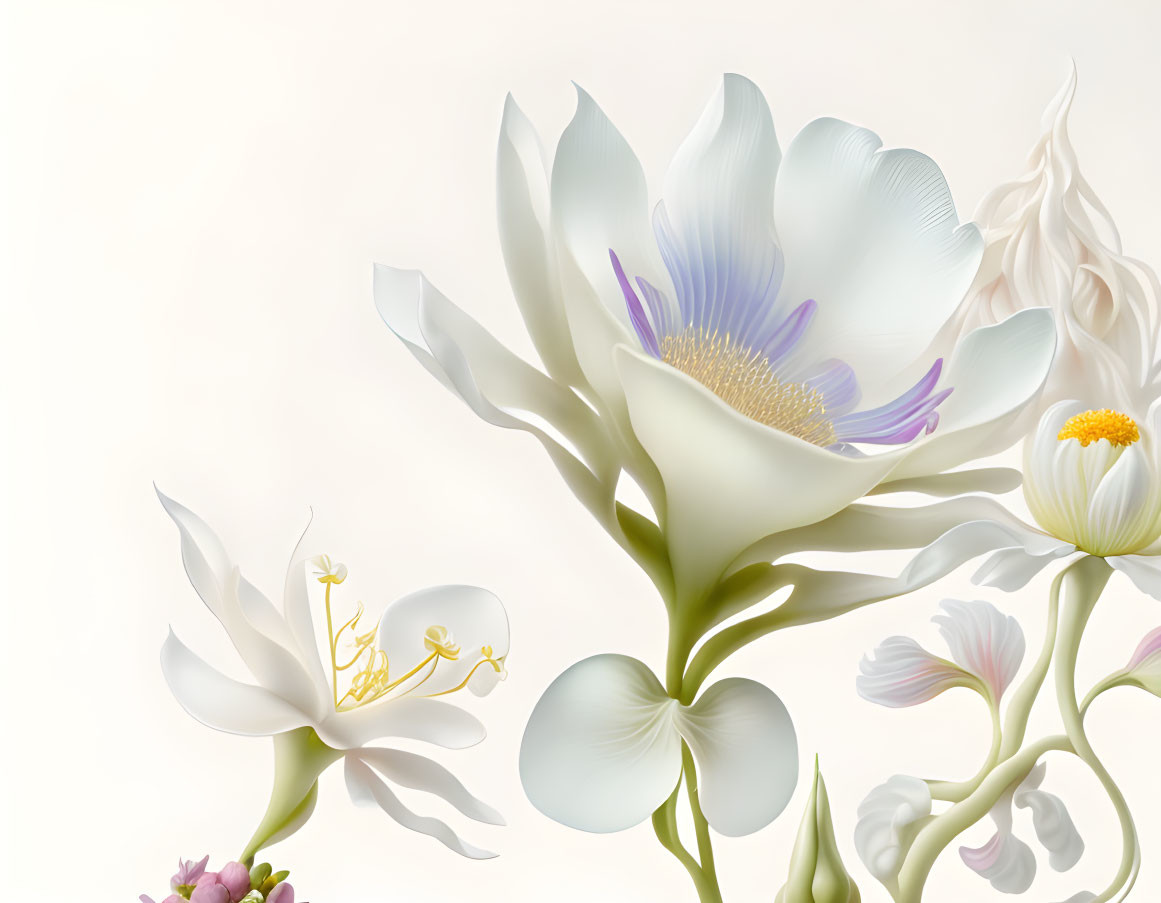 Detailed digital illustration: white flowers with shading on beige background