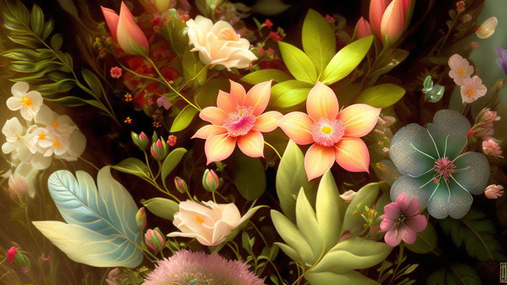 Assorted flowers digital artwork in soft pastel colors