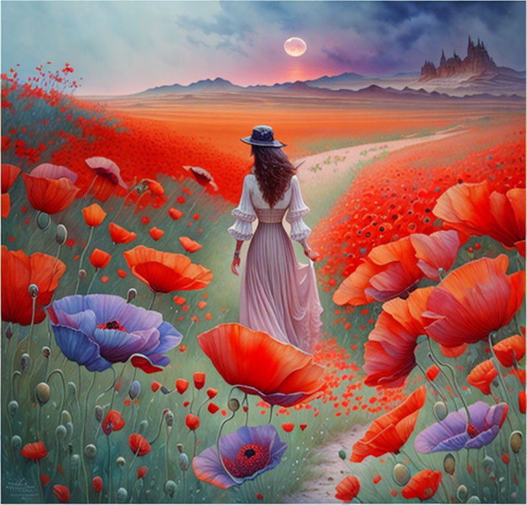 Woman in white dress and blue hat among red poppies in surreal sunset field.