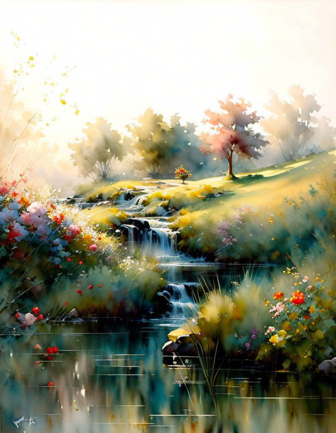 Tranquil watercolor painting of a gentle waterfall amidst wildflowers
