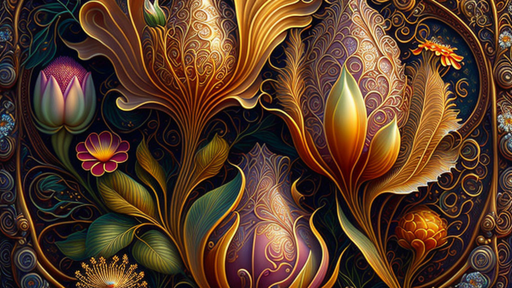 Colorful digital artwork: ornate flowers, leaves, intricate patterns, gold accents on dark background