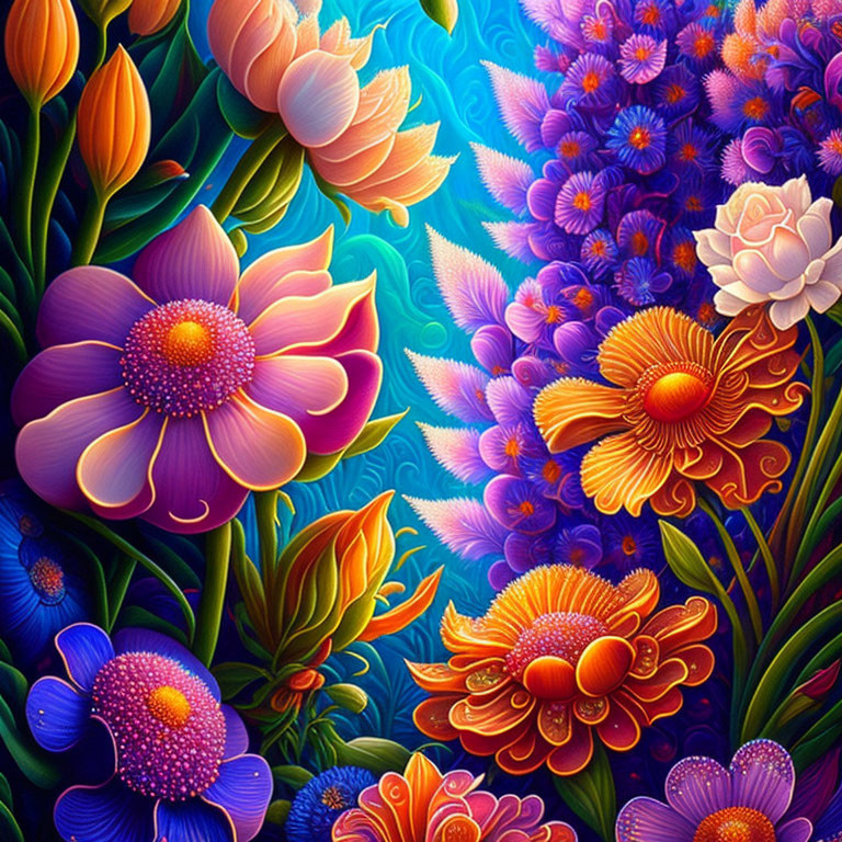 Colorful Digital Artwork Showcasing Stylized Flowers in Purple, Orange, and Blue