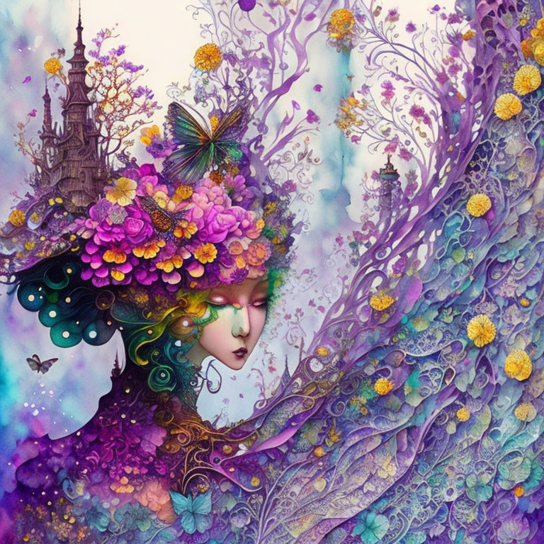 Colorful whimsical artwork: Female figure with floral headdress, butterfly, purple tree-like patterns
