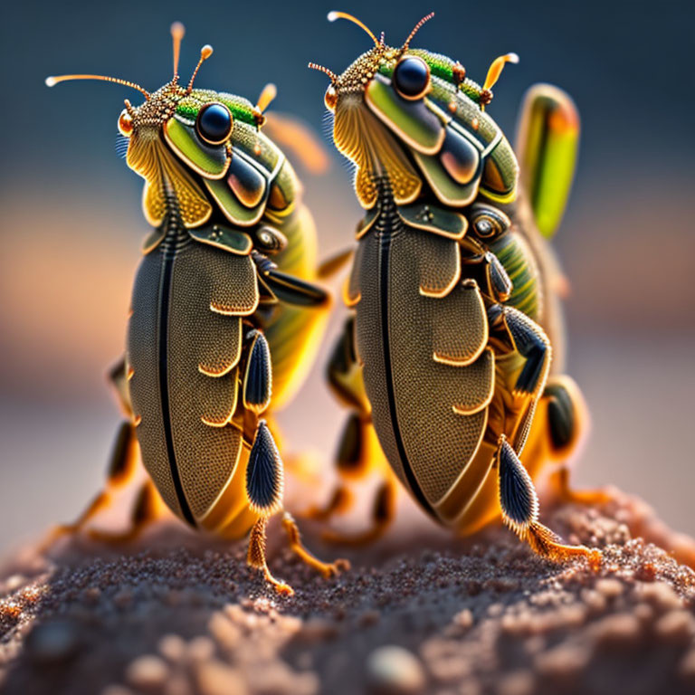 Iridescent beetles with compound eyes and antennae on sandy terrain