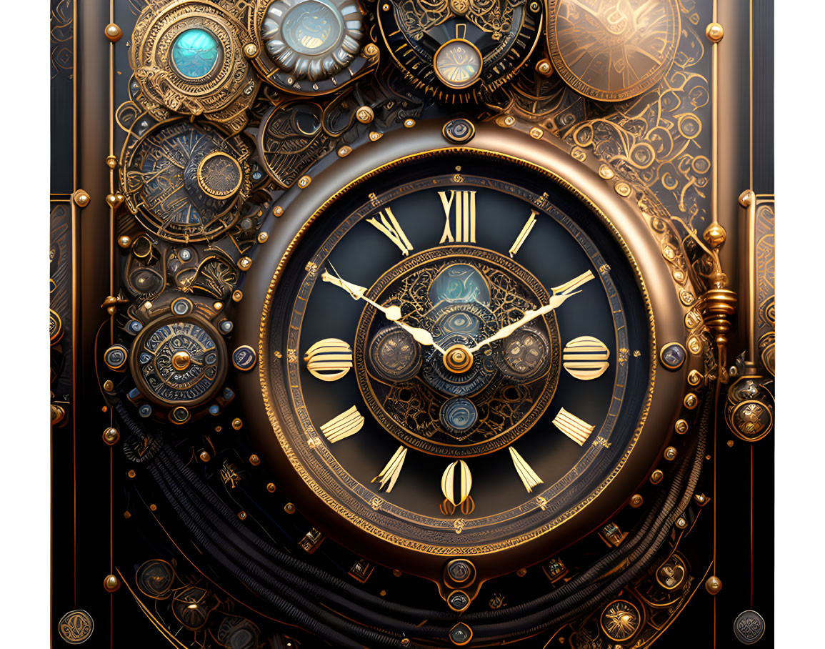 Steampunk-inspired ornate clock with metallic textures and Roman numerals