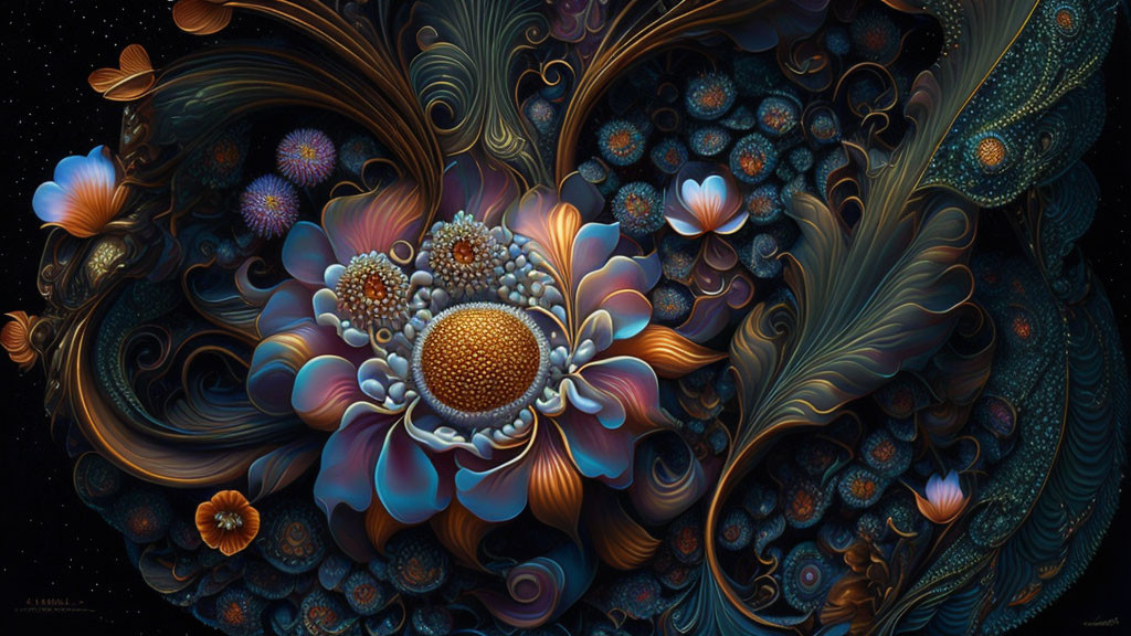Vibrant stylized flower with cosmic background & ornate details