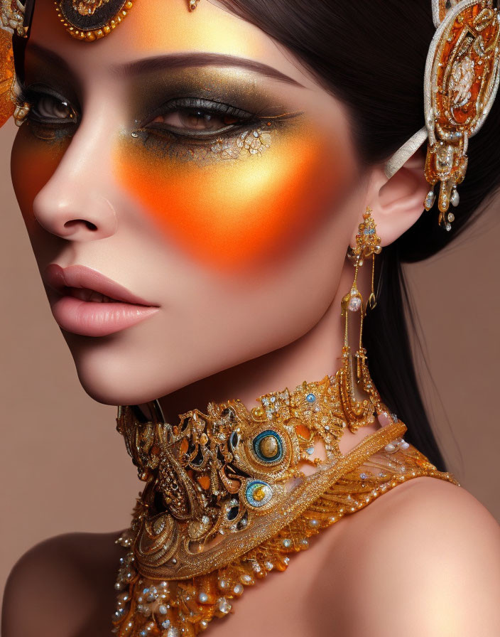 Woman with ornate gold jewelry and bold orange makeup design.