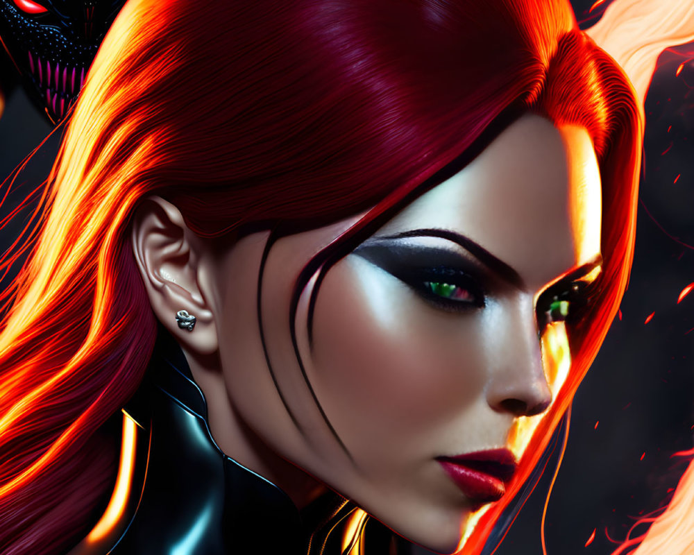 Digital artwork: Female superhero with red hair, black suit, intense gaze, fiery aura, dark figure