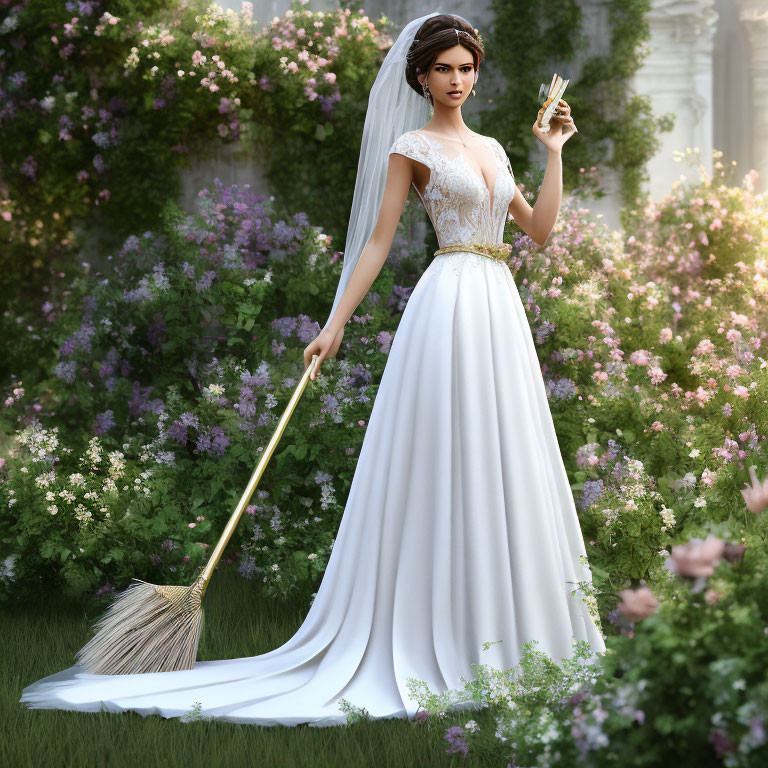 Bride in white gown with broom and wedding ring in garden setting
