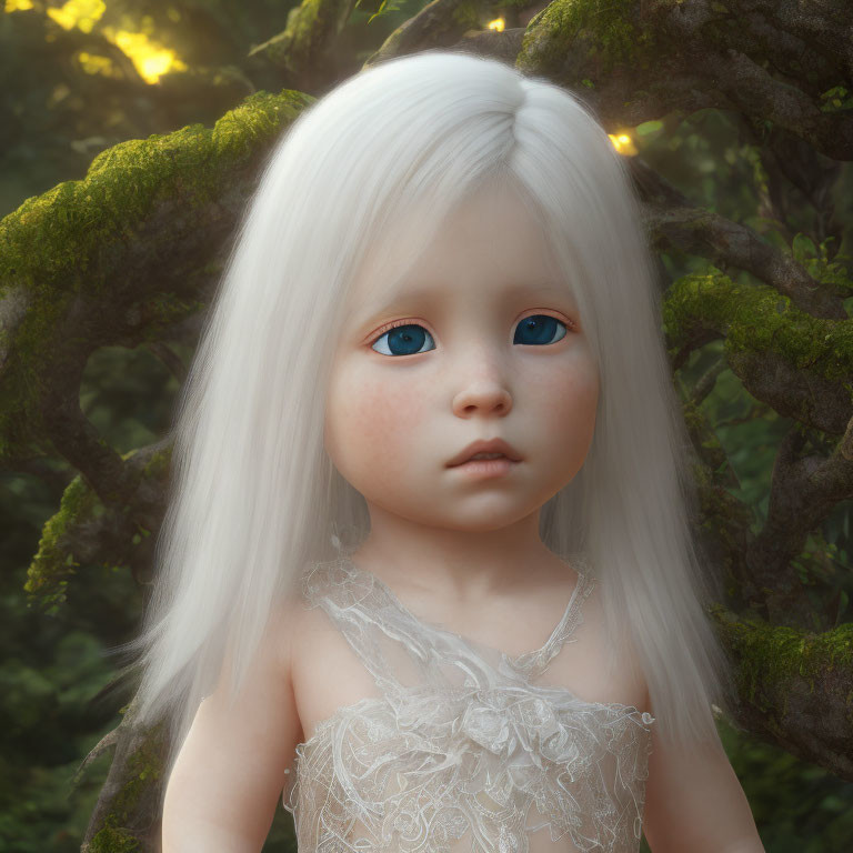 Digital artwork: Young girl with blue eyes, white hair, lace dress in mystical forest