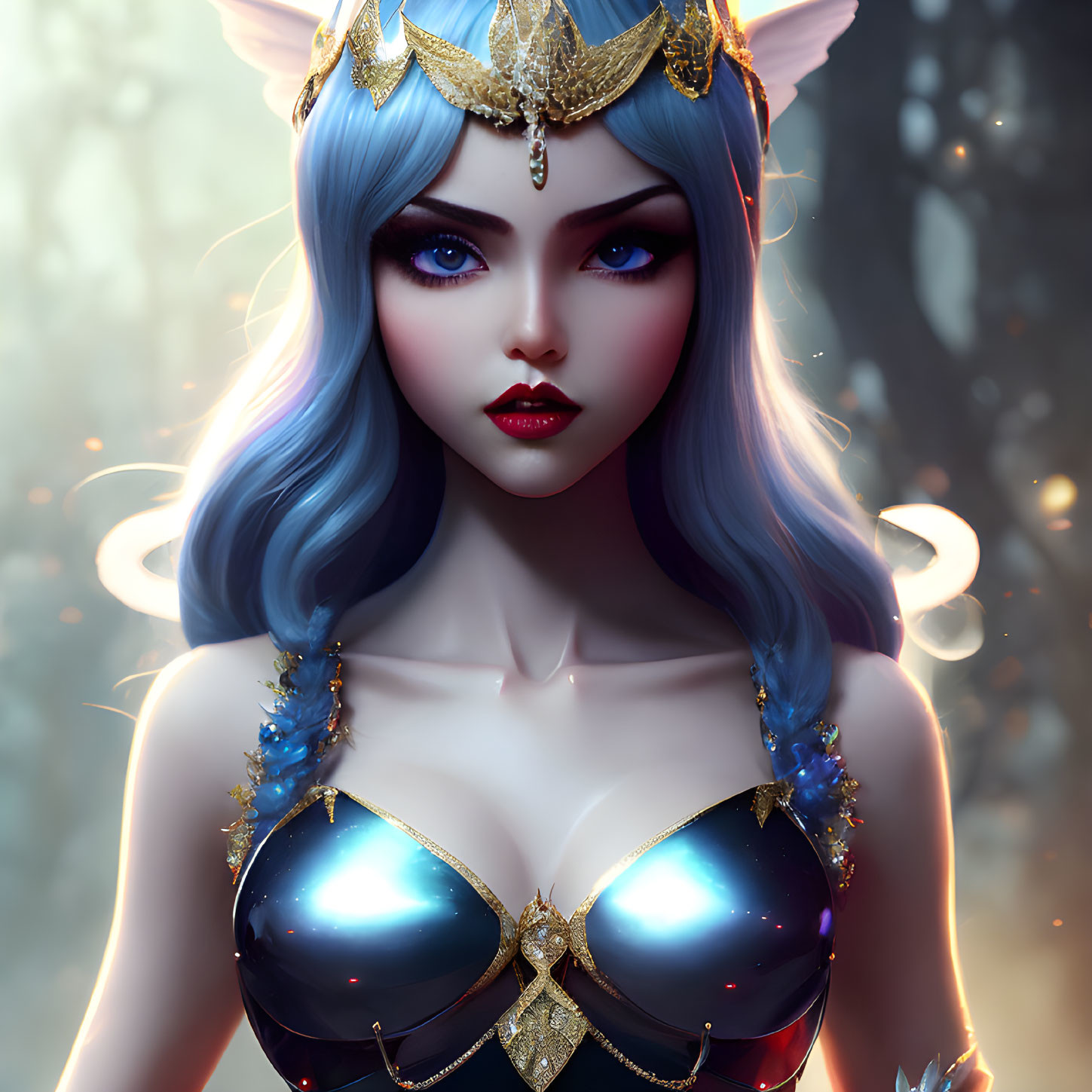 Fantasy female character with blue hair, golden headpiece, glowing ornaments