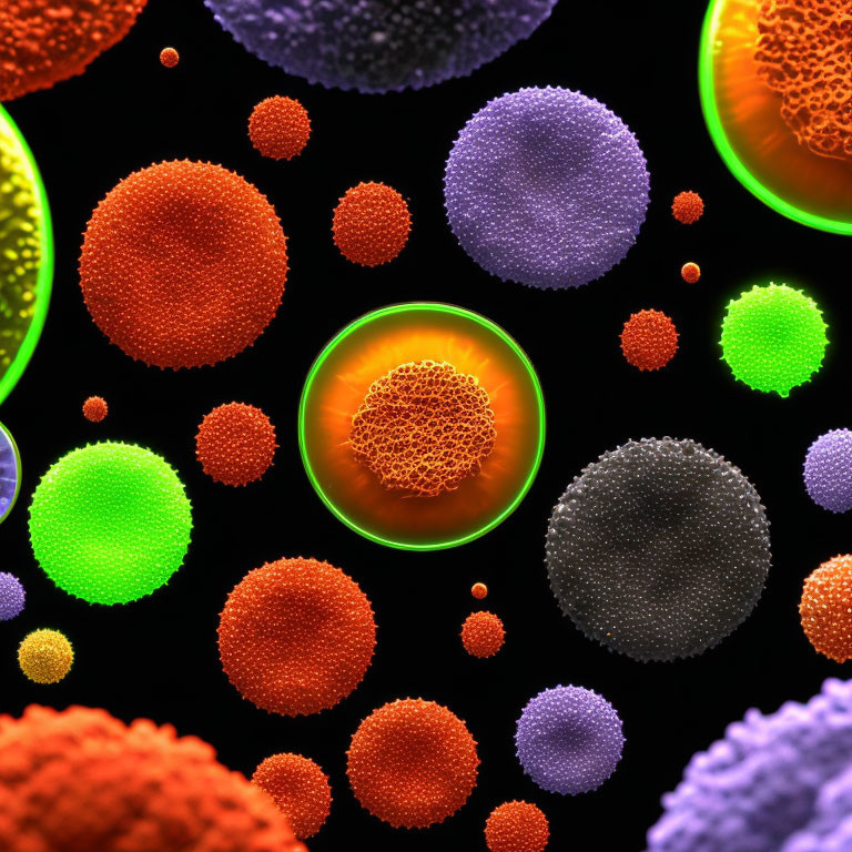 Vibrant spherical particles against black background, one glowing orange