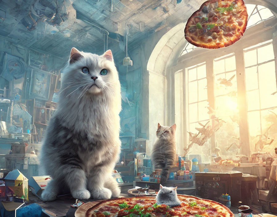 Whimsical image of giant cats in messy workshop with flying pizza