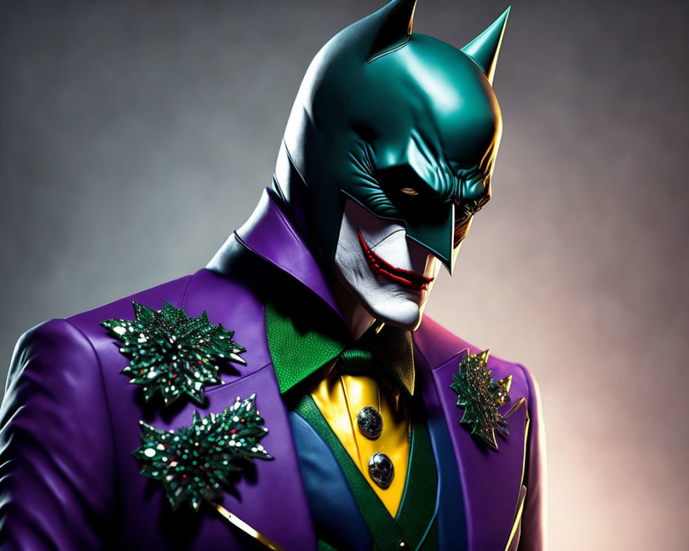 Character in Batman Mask in Joker-Themed Suit on Grey Background
