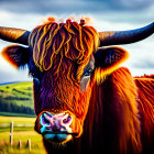 Vibrant digitally-enhanced Highland cow with orange fur in colorful field