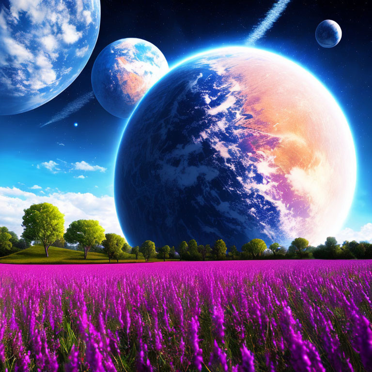 Surreal landscape with purple flowers, oversized planets, and moon