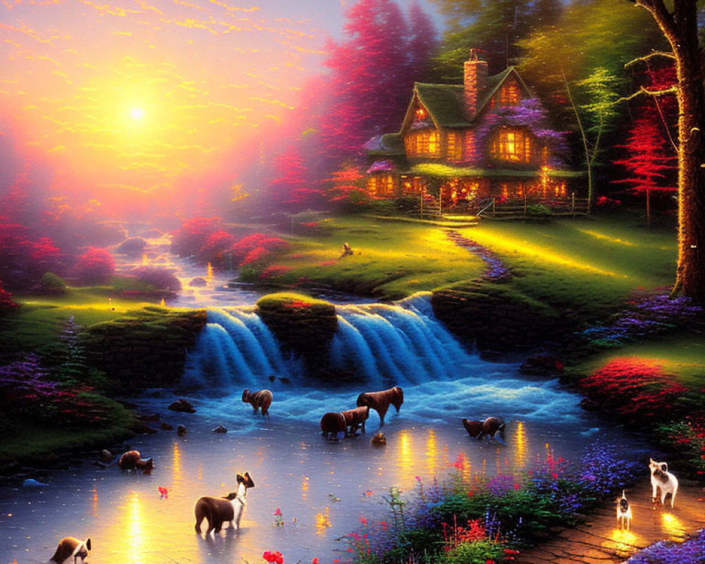 Scenic sunset landscape with cottage, vibrant trees, stream, horses, and pathway.