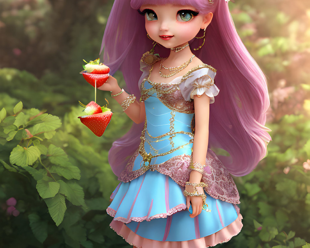 Purple-haired animated character in blue and white dress with gold accents holds strawberries in forest scene