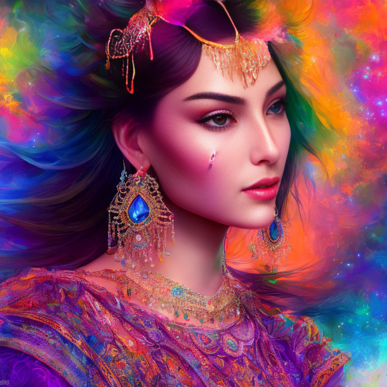 Woman with Striking Makeup and Gold Jewelry on Vibrant Background