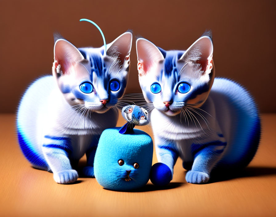 Two blue kittens with a favourite toy