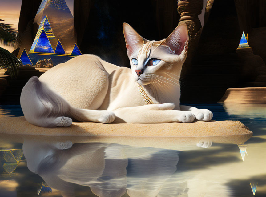 Blue-eyed cat in gold necklace by water with pyramids & palm trees