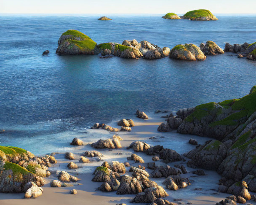 Serene Coastal Landscape with Rocky Outcrops and Blue Ocean