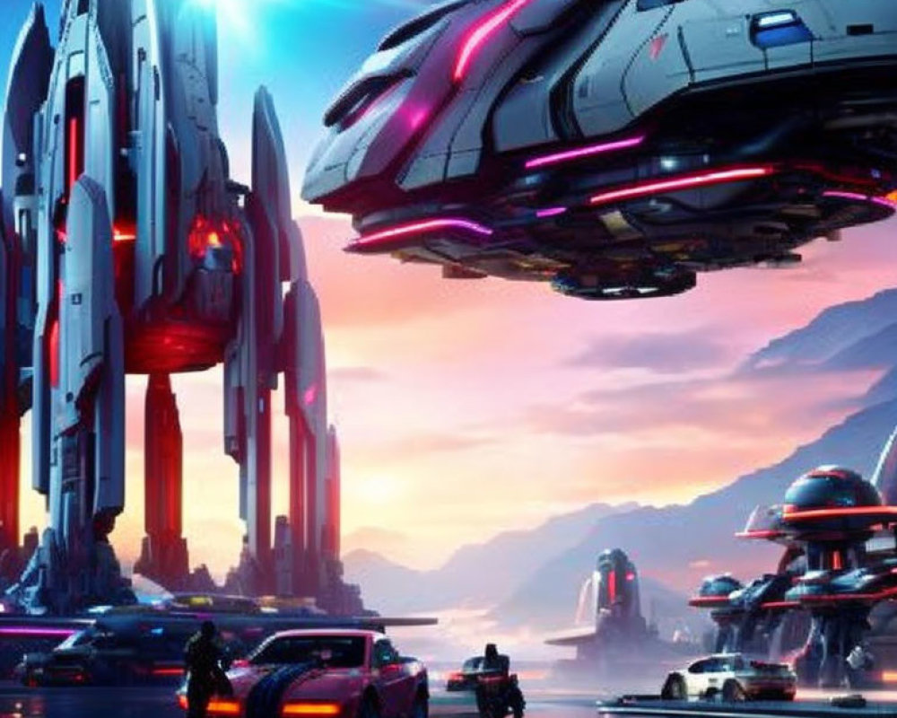 Futuristic cityscape at dusk with towering structures and advanced flying vehicles.