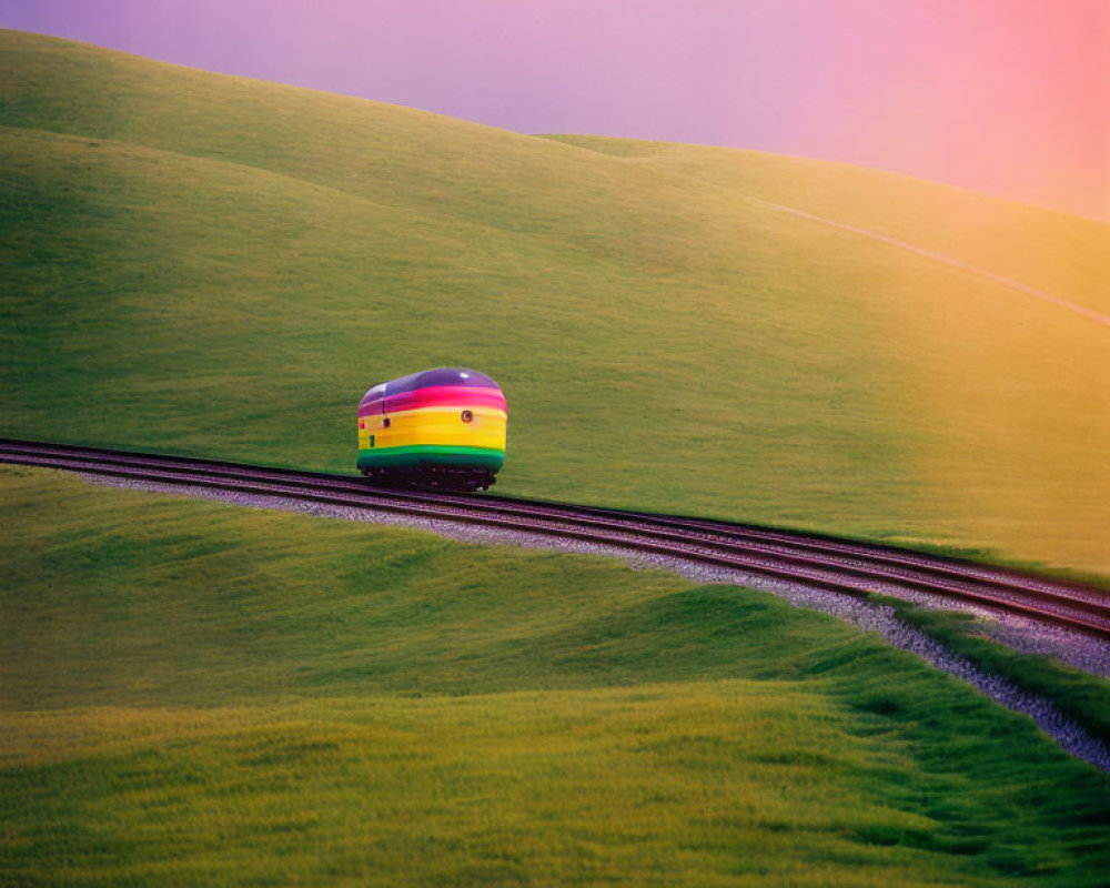 Colorful train on tracks through vibrant green hills under pink sky