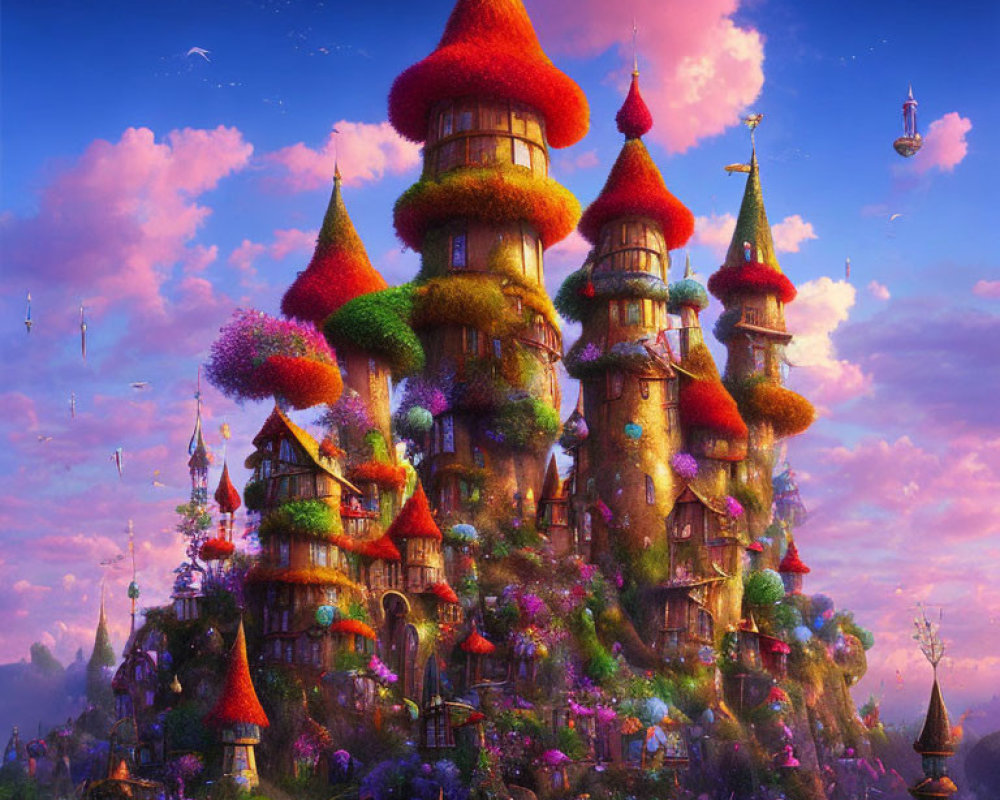 Fantasy Castle with Mushroom-like Towers in Twilight Sky