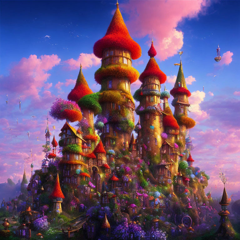 Fantasy Castle with Mushroom-like Towers in Twilight Sky