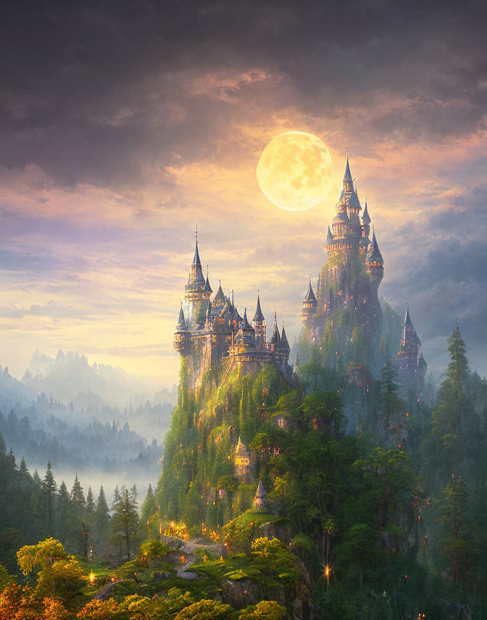 Mystical castle on lush green cliff under full moon