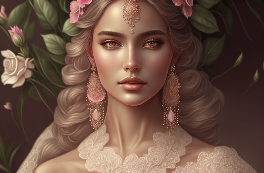 Detailed Portrait of Woman with Jewelry and Floral Hair Adornments
