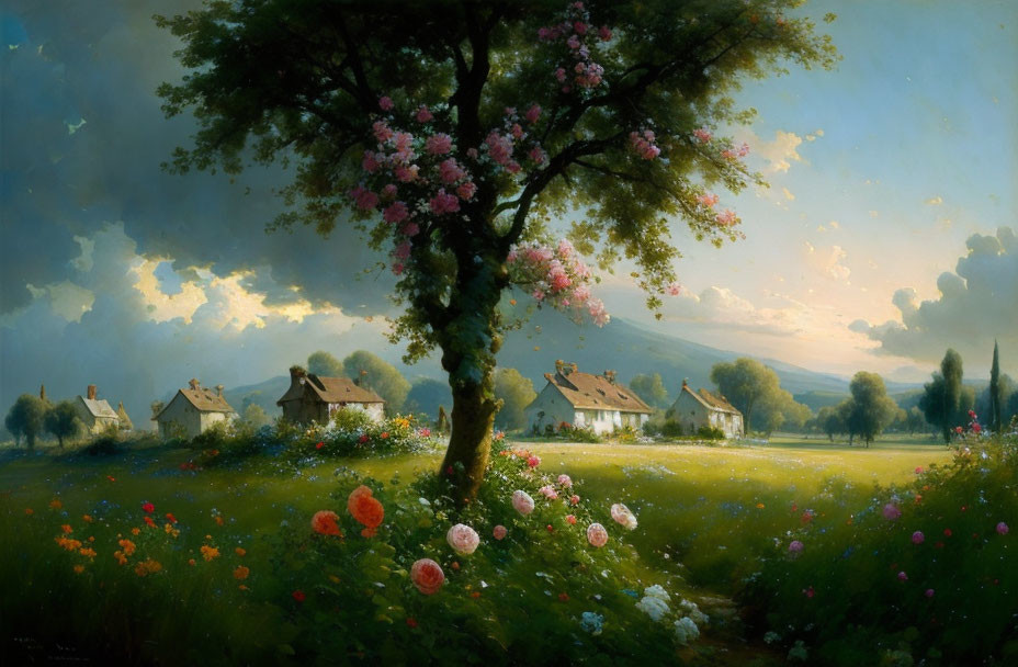 Tranquil landscape: lush meadow, blossoming tree, cottages, distant hills, soft