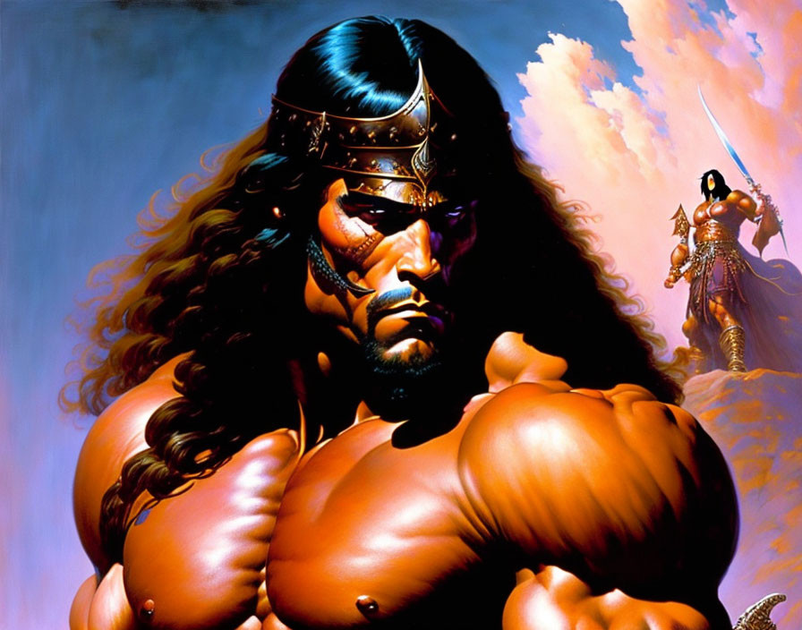 Muscular fantasy warrior with sword and headband, fierce expression, second figure in background.