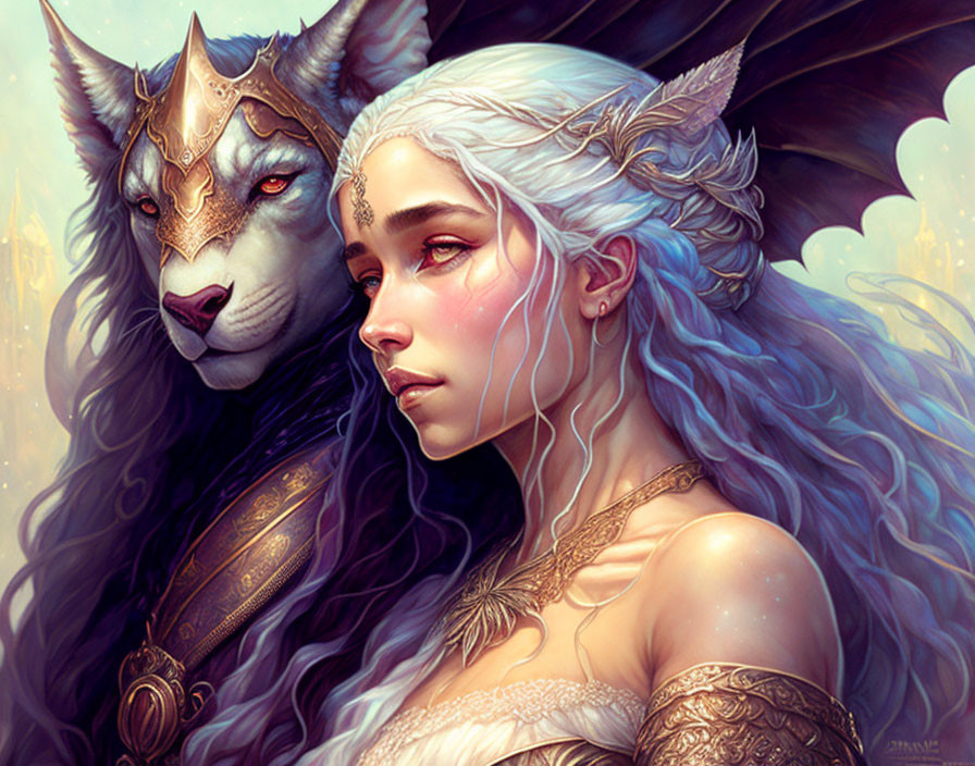 Fantasy illustration of woman with silver hair and elfin ear jewelry with majestic wolf.