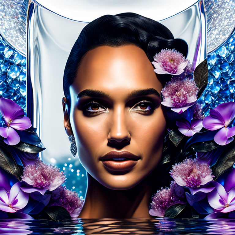 Symmetrical Woman Portrait with Purple Flowers and Water Elements