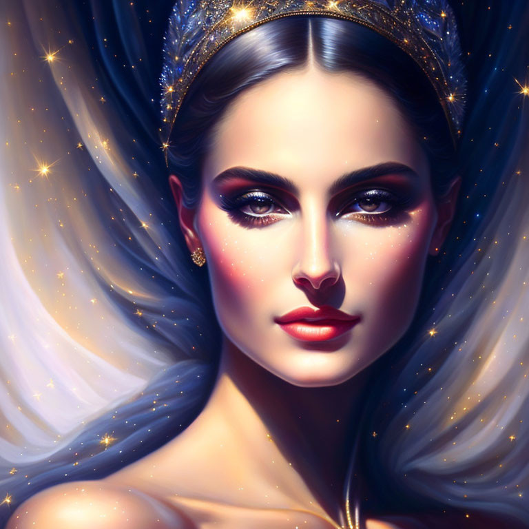 Illustrated portrait of a woman with golden crown and glowing stars