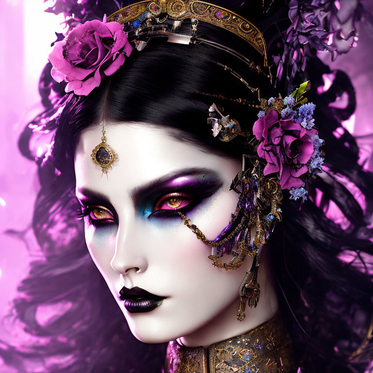 Elaborate Purple Toned Portrait with Dramatic Makeup and Headdress
