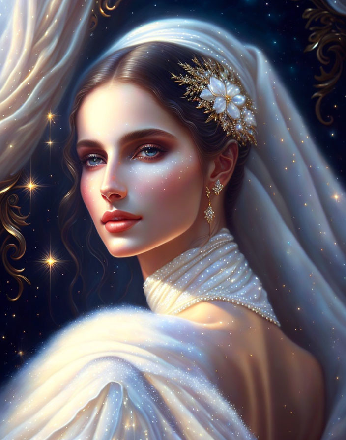 Digital artwork of woman with pearl headpiece, flowing hair, surrounded by stars in white garment