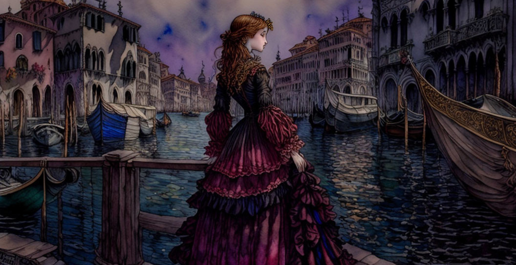 Victorian woman on dock with gondolas at twilight