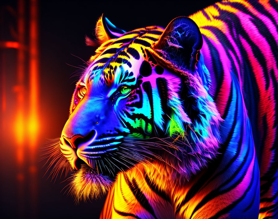 Colorful Tiger with Neon Blue, Orange, and Purple Stripes on Dark Background