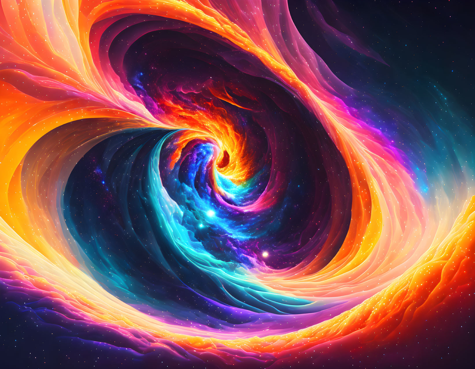 Colorful Cosmic Vortex Artwork in Orange, Blue, and Purple
