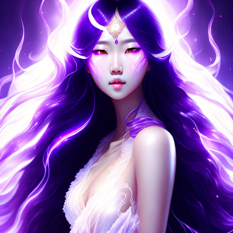 Digital illustration: Woman with flowing purple hair in cosmic setting