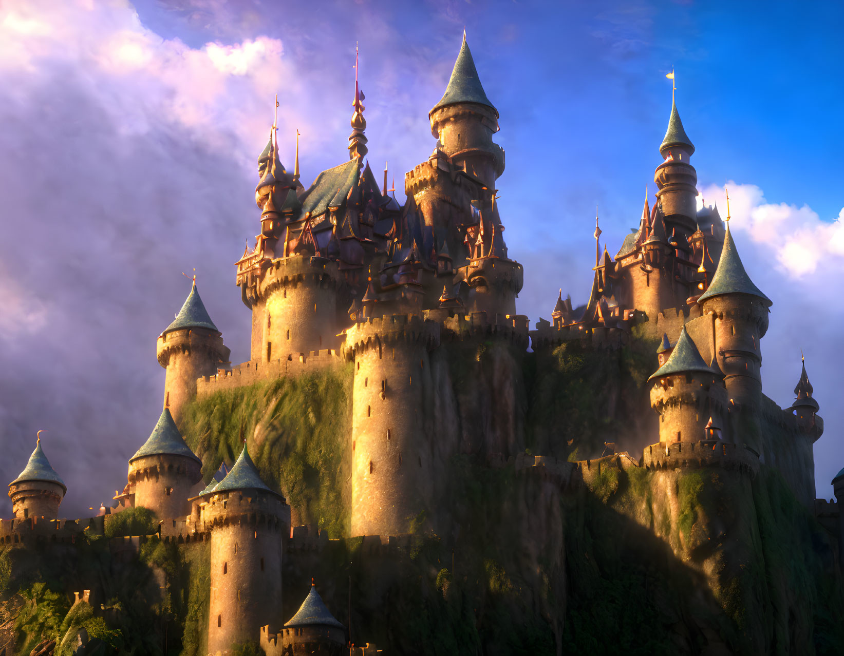 Digital illustration of fairytale castle on green hilltop with spires under dramatic sunset sky